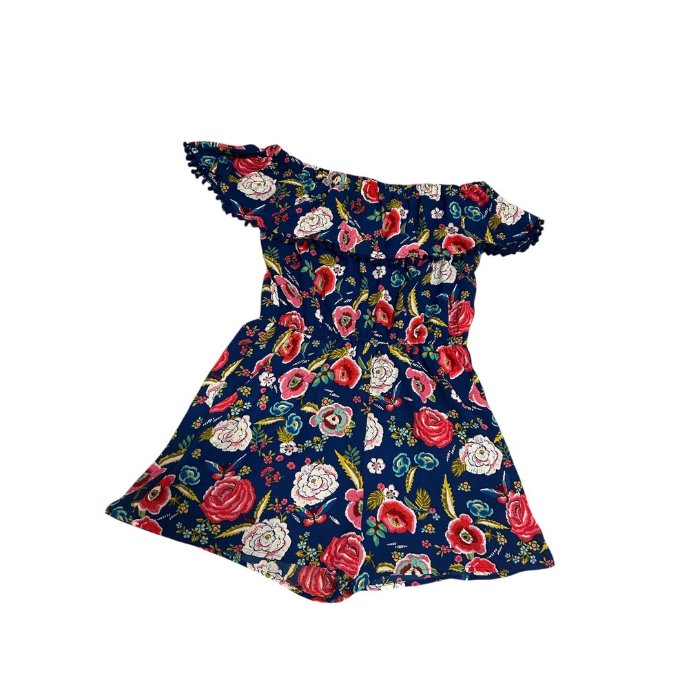 Floral Romper medium bright Pom Pom accent blue pink off shoulder resort beach